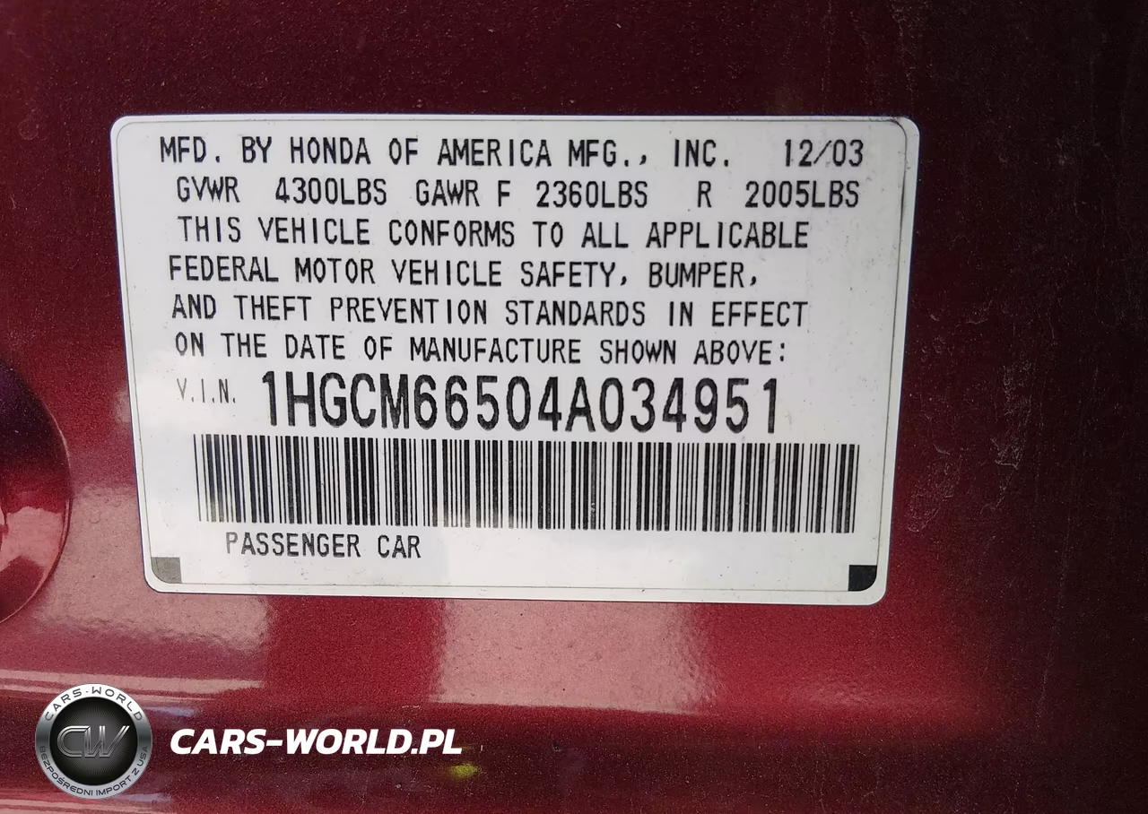 2004 Honda Accord 3.0 Ex VIN:1HGCM66504A034951 - 9