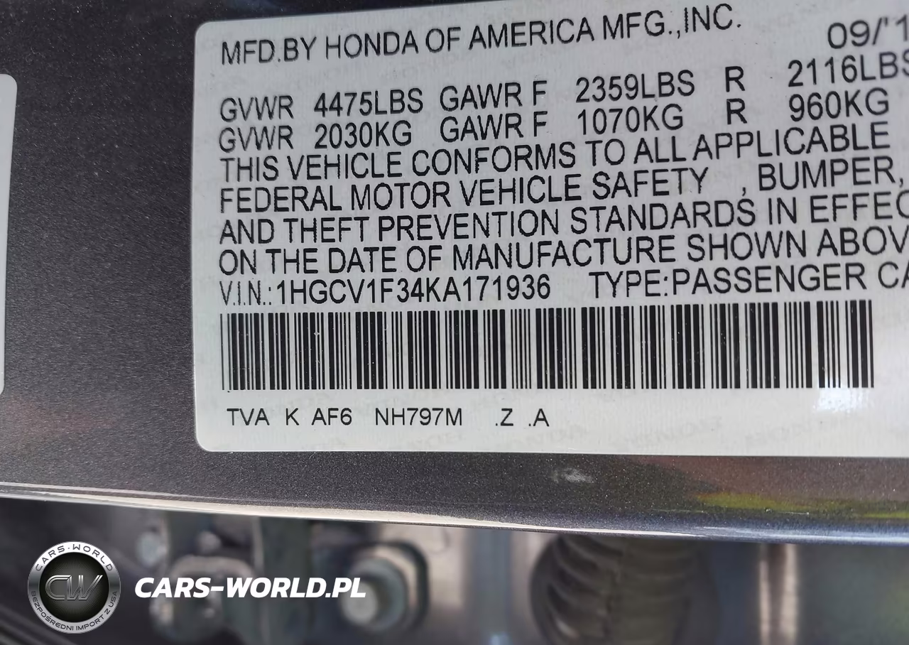 2019 Honda Accord Sport VIN:1HGCV1F34KA171936 - 9