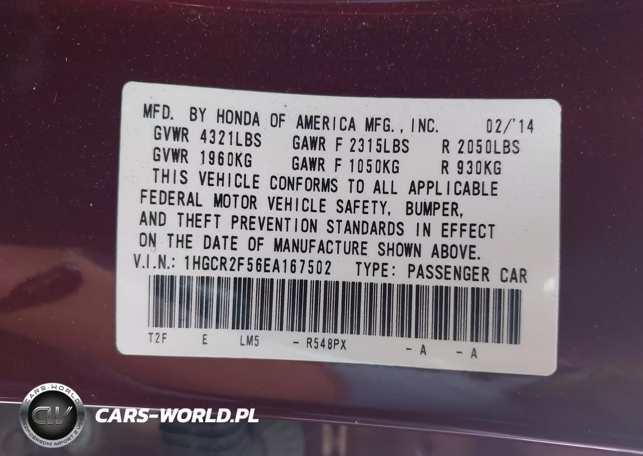 2014 Honda Accord Sport VIN:1HGCR2F56EA167502 - 9