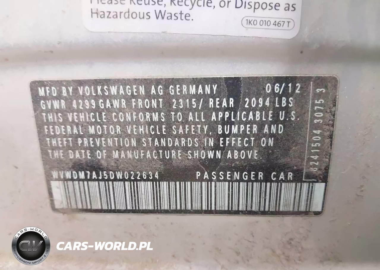 2013 Volkswagen Golf 2.0L Tdi 4-Door VIN:WVWDM7AJ5DW022634 - 9