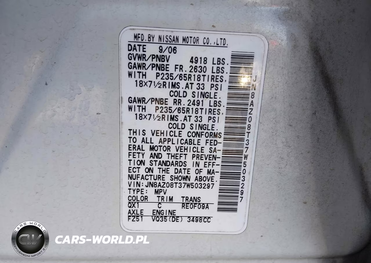 2007 Nissan Murano Sl VIN:JN8AZ08T37W503297 - 9