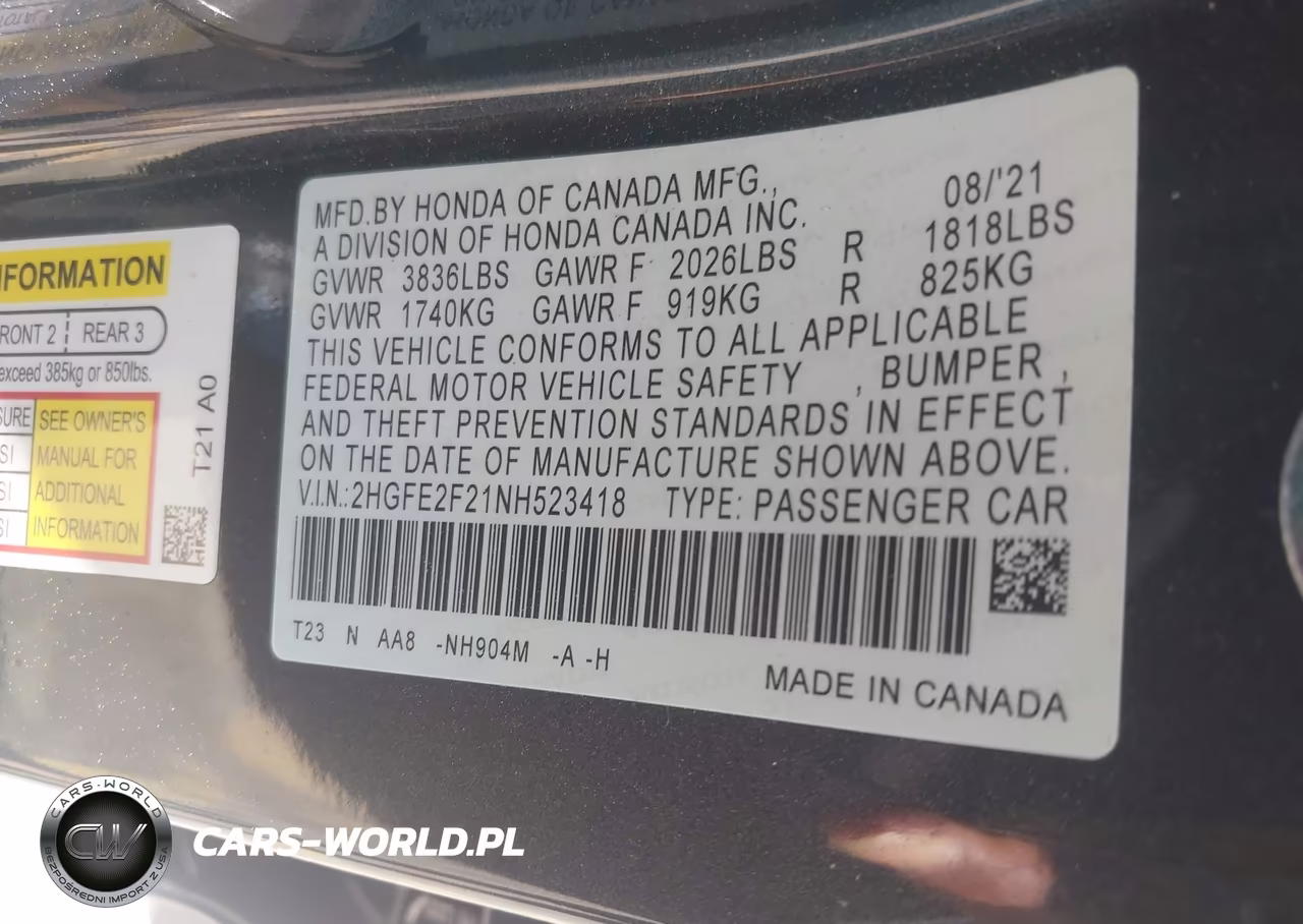 2022 Honda Civic Lx VIN:2HGFE2F21NH523418 - 9
