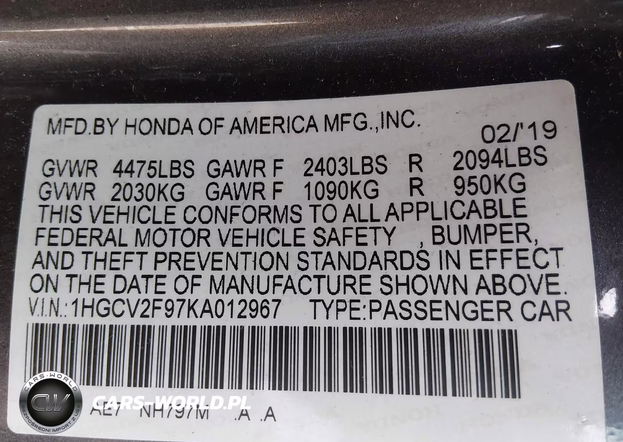 2019 Honda Accord Touring 2.0T VIN:1HGCV2F97KA012967 - 9
