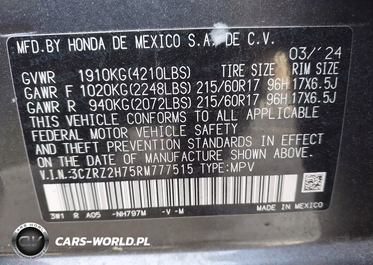 2024 Honda Hr-V Awd Ex-L-Awd Ex-L W-O Bsi VIN:3CZRZ2H75RM777515 - 9