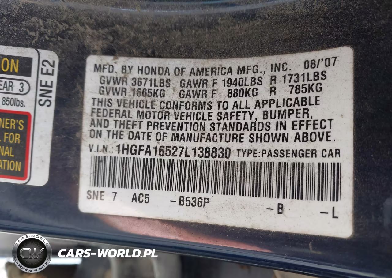 2007 Honda Civic Lx VIN:1HGFA16527L138830 - 9
