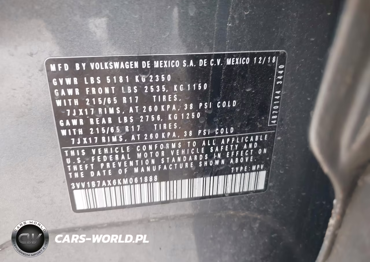 2019 Volkswagen Tiguan 2.0T S VIN:3VV1B7AX6KM061888 - 9