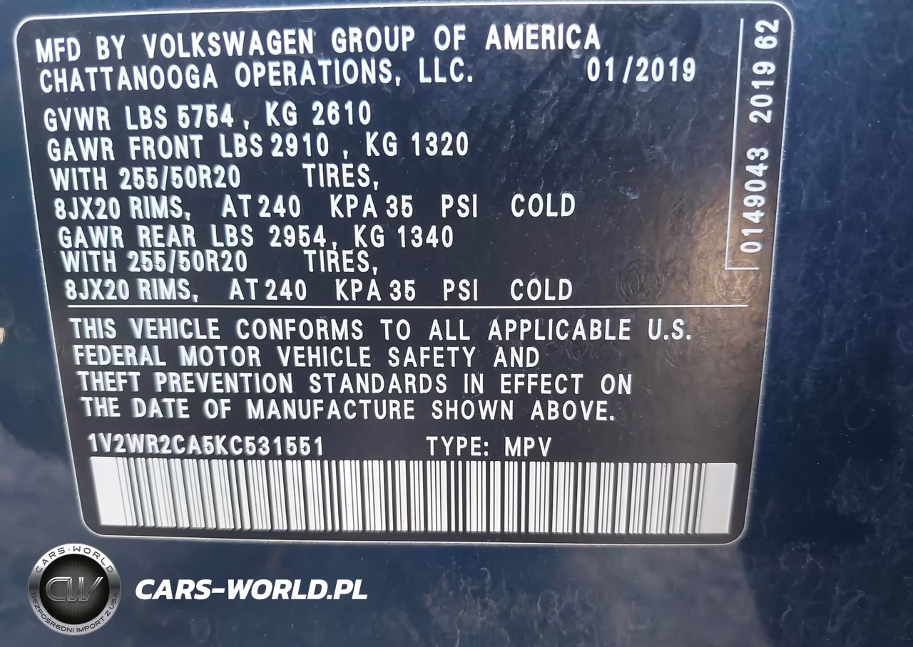 2019 Volkswagen Atlas 3.6L V6 Se W-Technology VIN:1V2WR2CA5KC531551 - 9