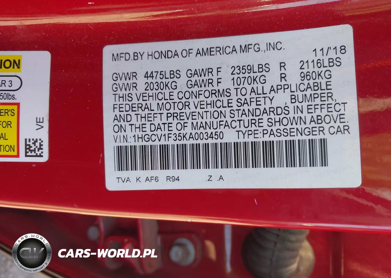 2019 Honda Accord Sport VIN:1HGCV1F35KA003450 - 9