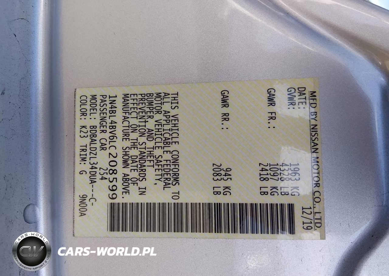 2020 Nissan Altima S Fwd VIN:1N4BL4BV6LC208599 - 9