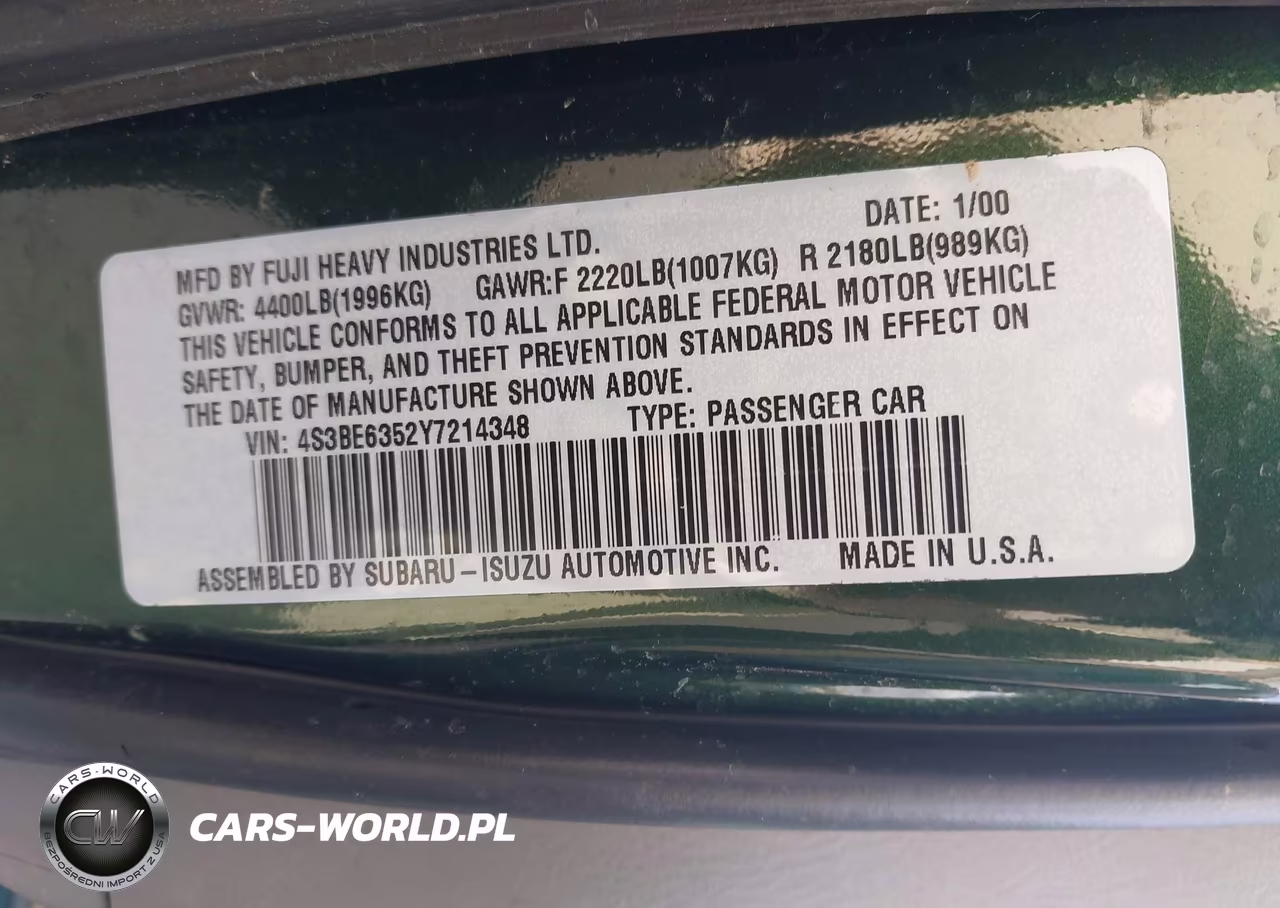 2000 Subaru Legacy L VIN:4S3BE6352Y7214348 - 9