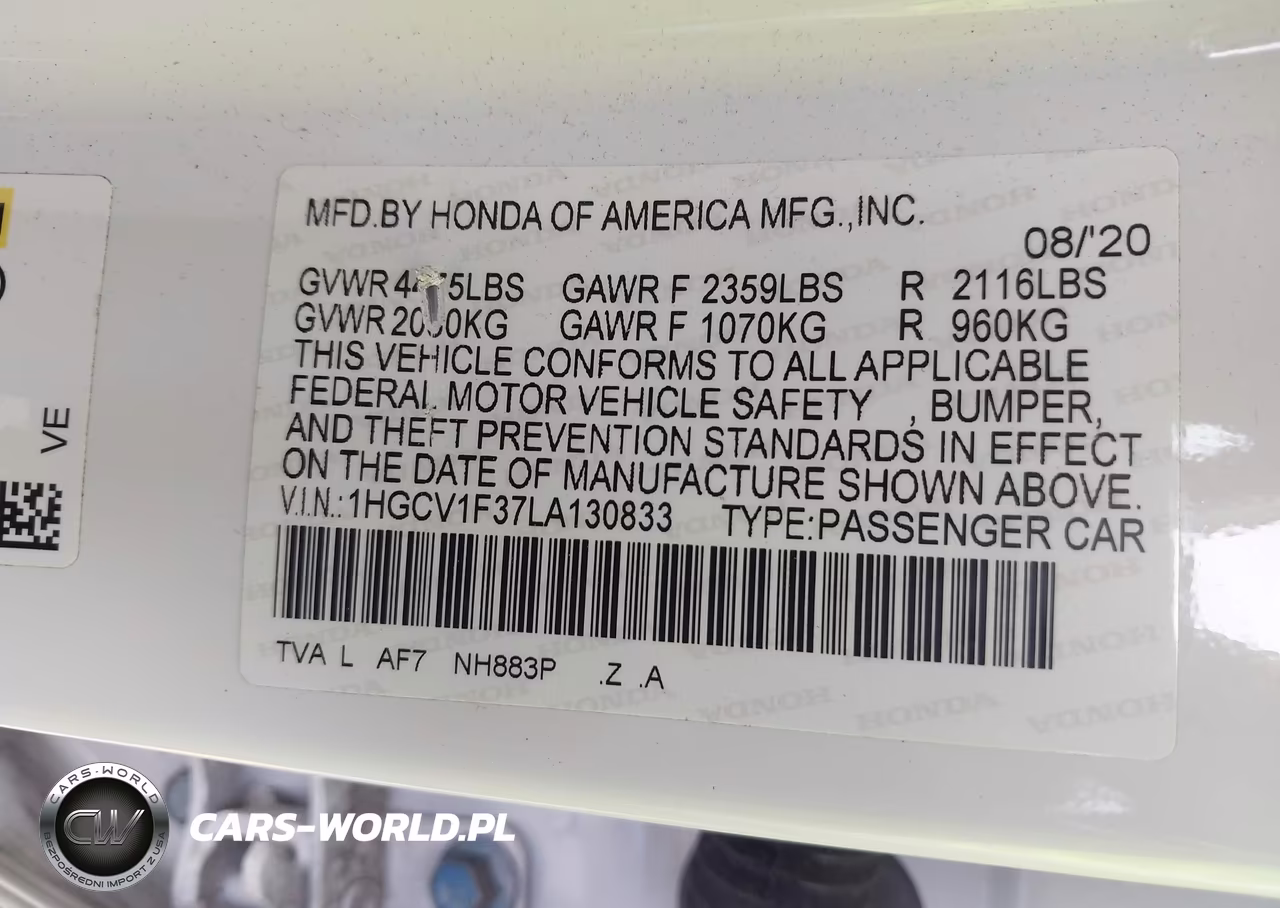 2020 Honda Accord Sport VIN:1HGCV1F37LA130833 - 9