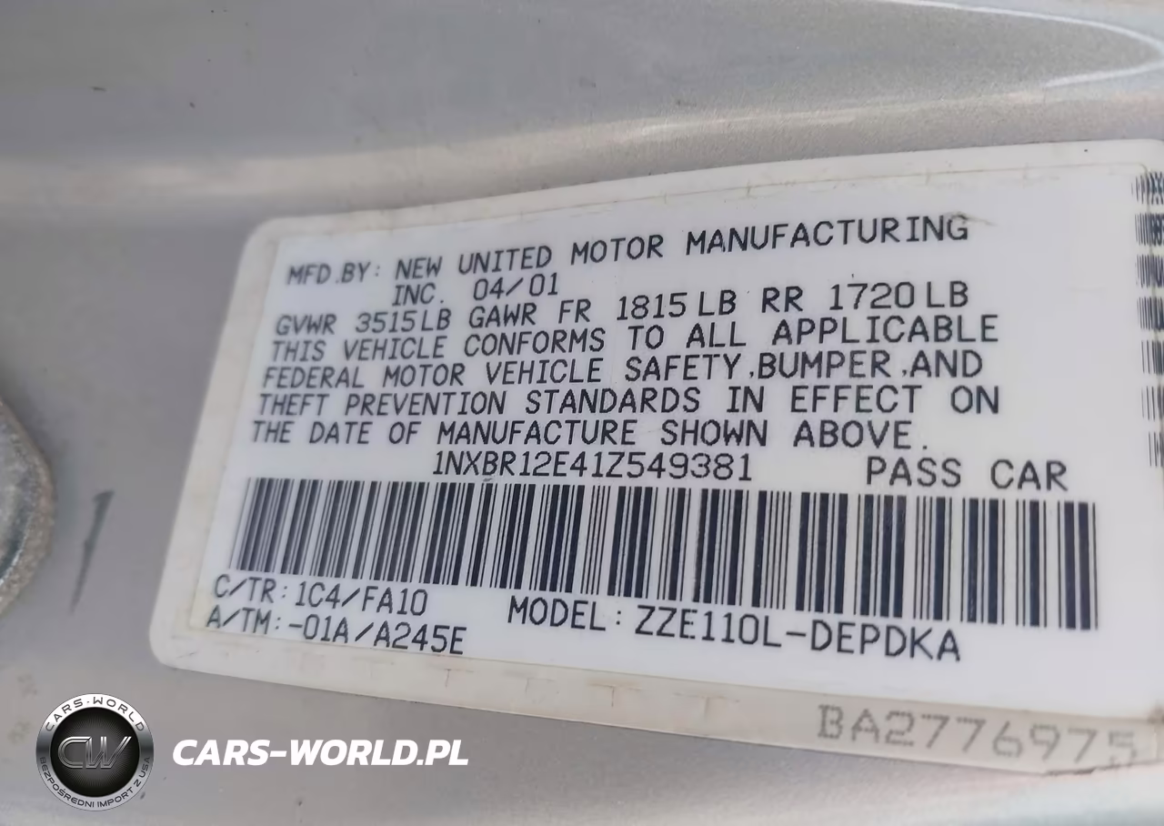 2001 Toyota Corolla Le VIN:1NXBR12E41Z549381 - 9