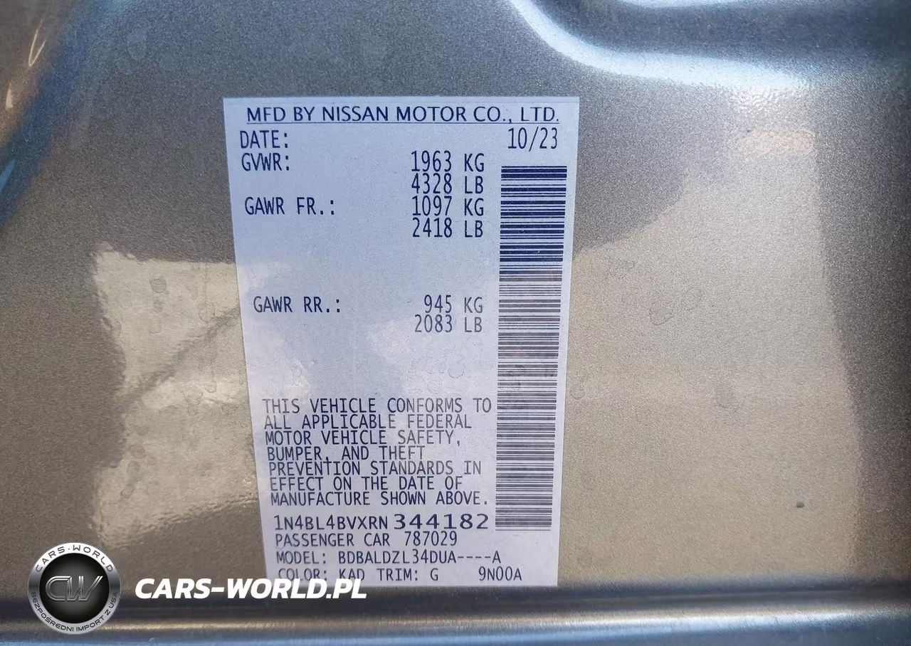 2024 Nissan Altima S Fwd VIN:1N4BL4BVXRN344182 - 9
