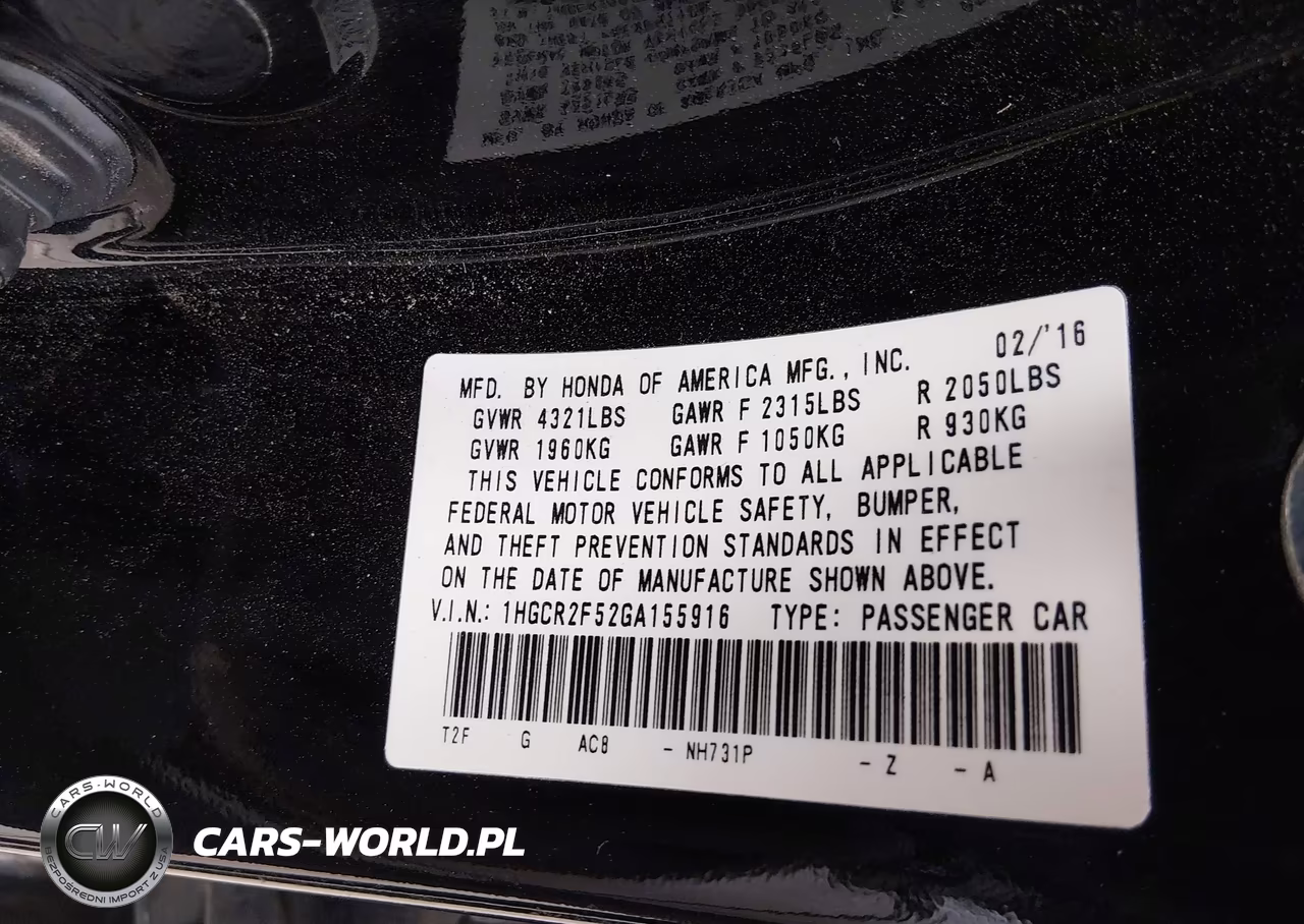 2016 Honda Accord Sport VIN:1HGCR2F52GA155916 - 9