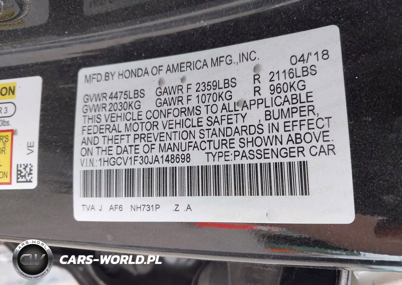 2018 Honda Accord Sport VIN:1HGCV1F30JA148698 - 9