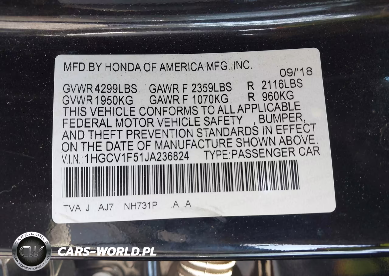 2018 Honda Accord Ex-L VIN:1HGCV1F51JA236824 - 9