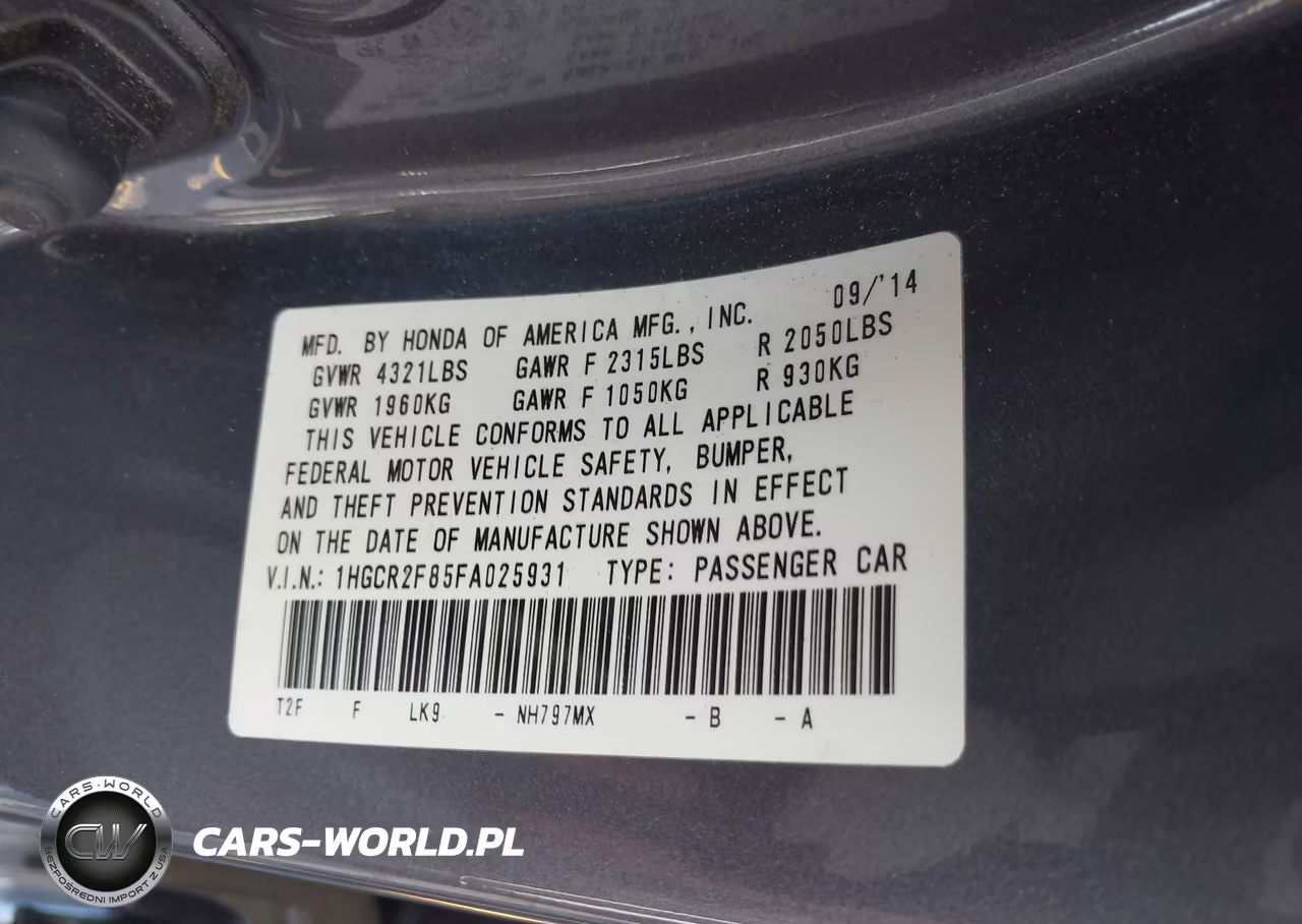2015 Honda Accord Ex-L VIN:1HGCR2F85FA025931 - 9