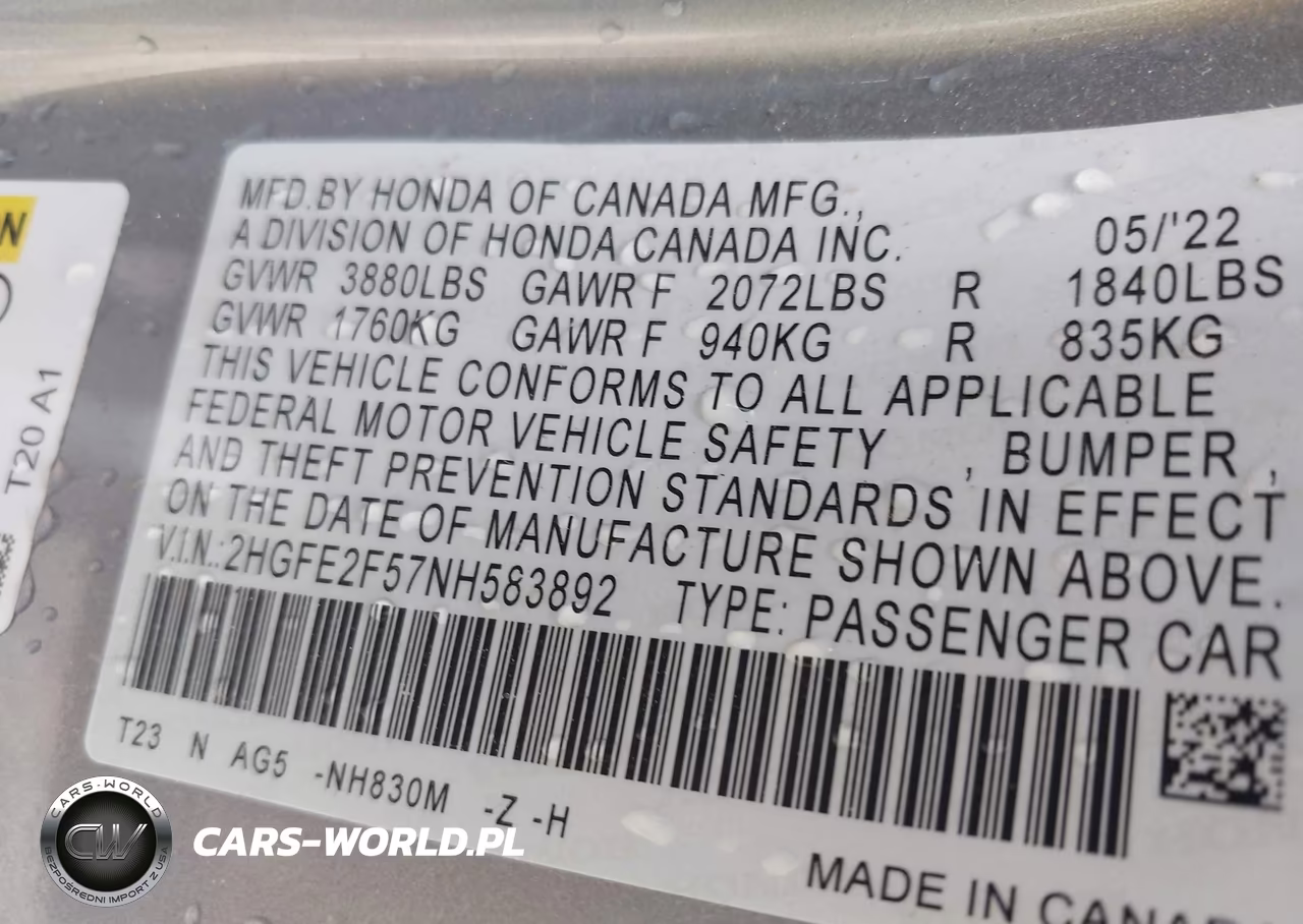 2022 Honda Civic Sport VIN:2HGFE2F57NH583892 - 9