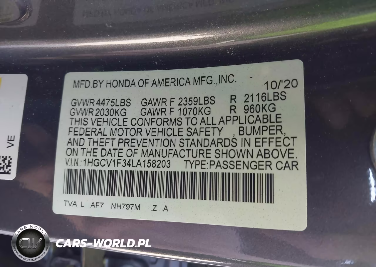 2020 Honda Accord Sport VIN:1HGCV1F34LA158203 - 9