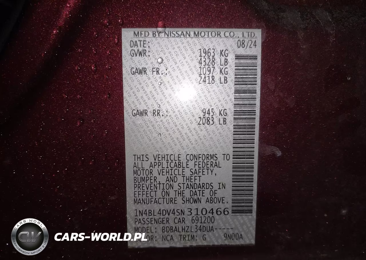 2025 Nissan Altima Sv Fwd VIN:1N4BL4DV4SN310466 - 9