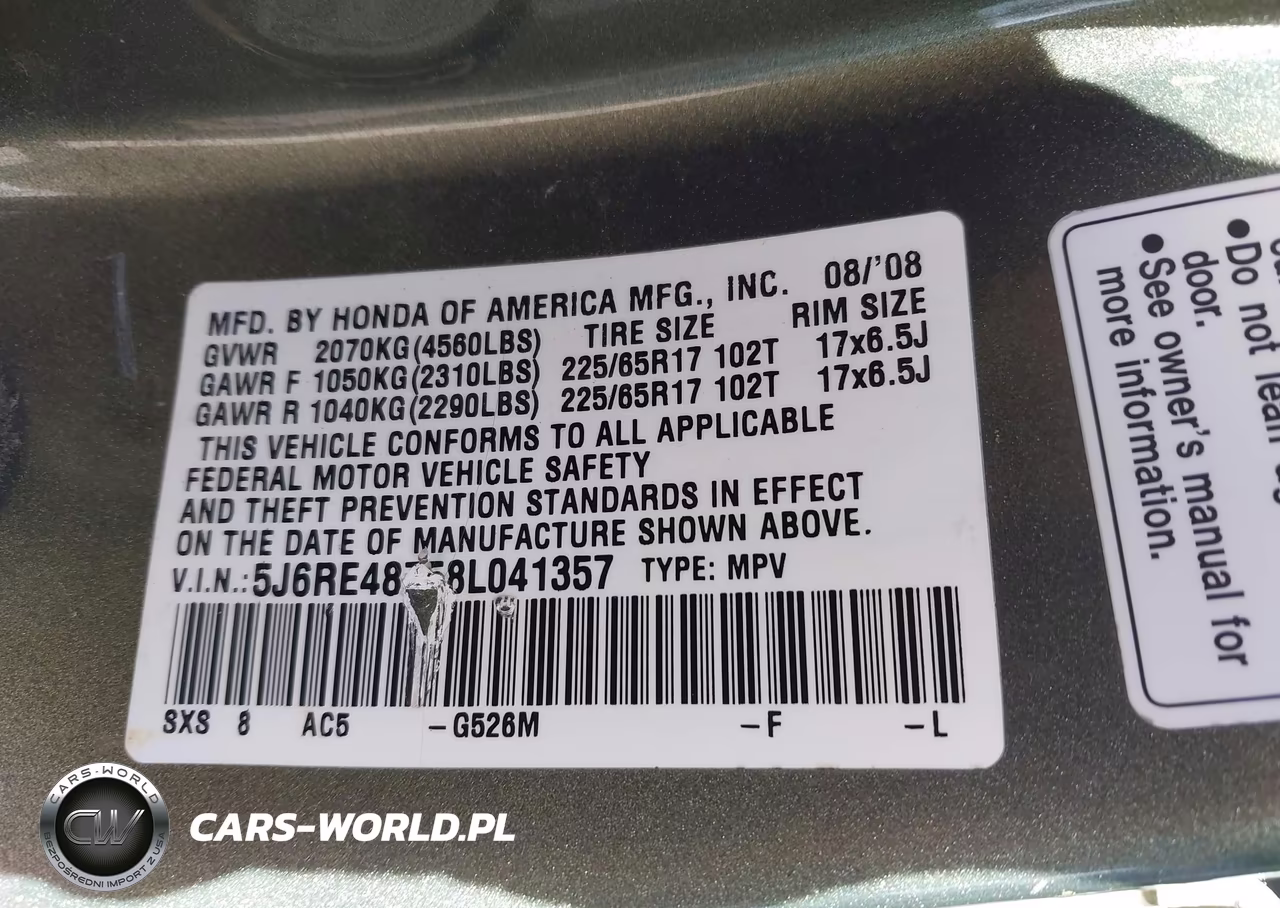 2008 Honda Cr-V Ex-L VIN:5J6RE48758L041357 - 9
