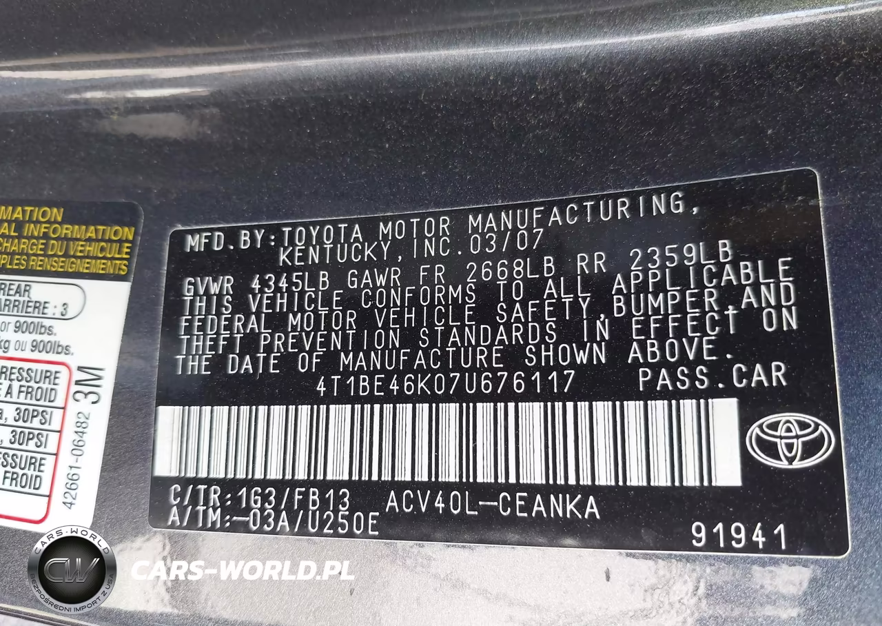 2007 Toyota Camry Ce-Le-Xle-Se VIN:4T1BE46K07U676117 - 9
