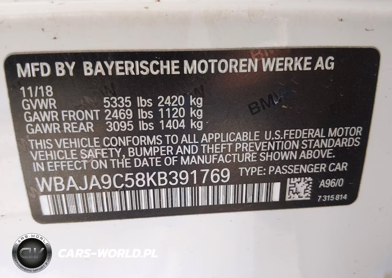 2019 BMW 530E Iperformance VIN:WBAJA9C58KB391769 - 9