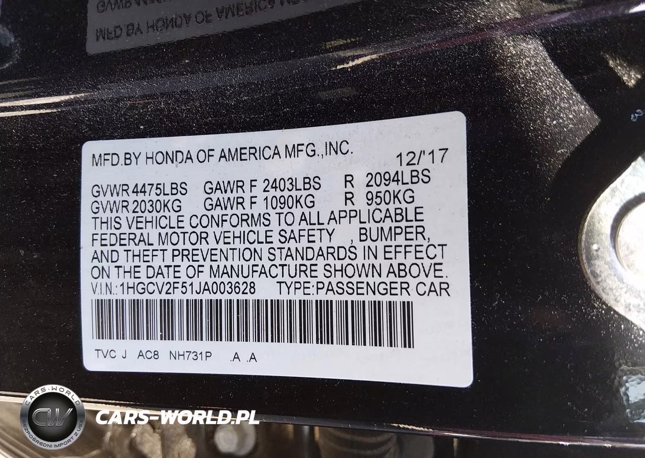 2018 Honda Accord Ex-L 2.0T VIN:1HGCV2F51JA003628 - 9