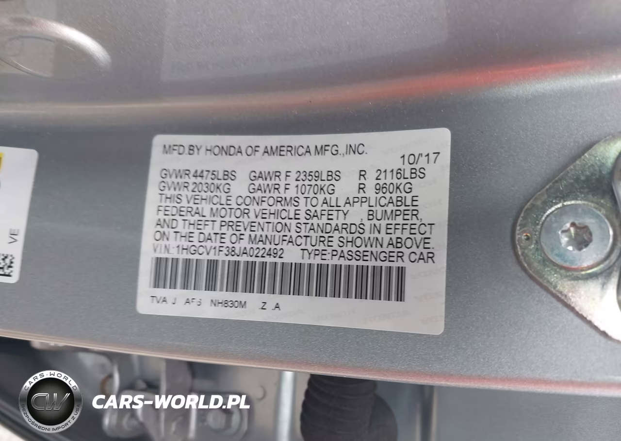 2018 Honda Accord Sport VIN:1HGCV1F38JA022492 - 9