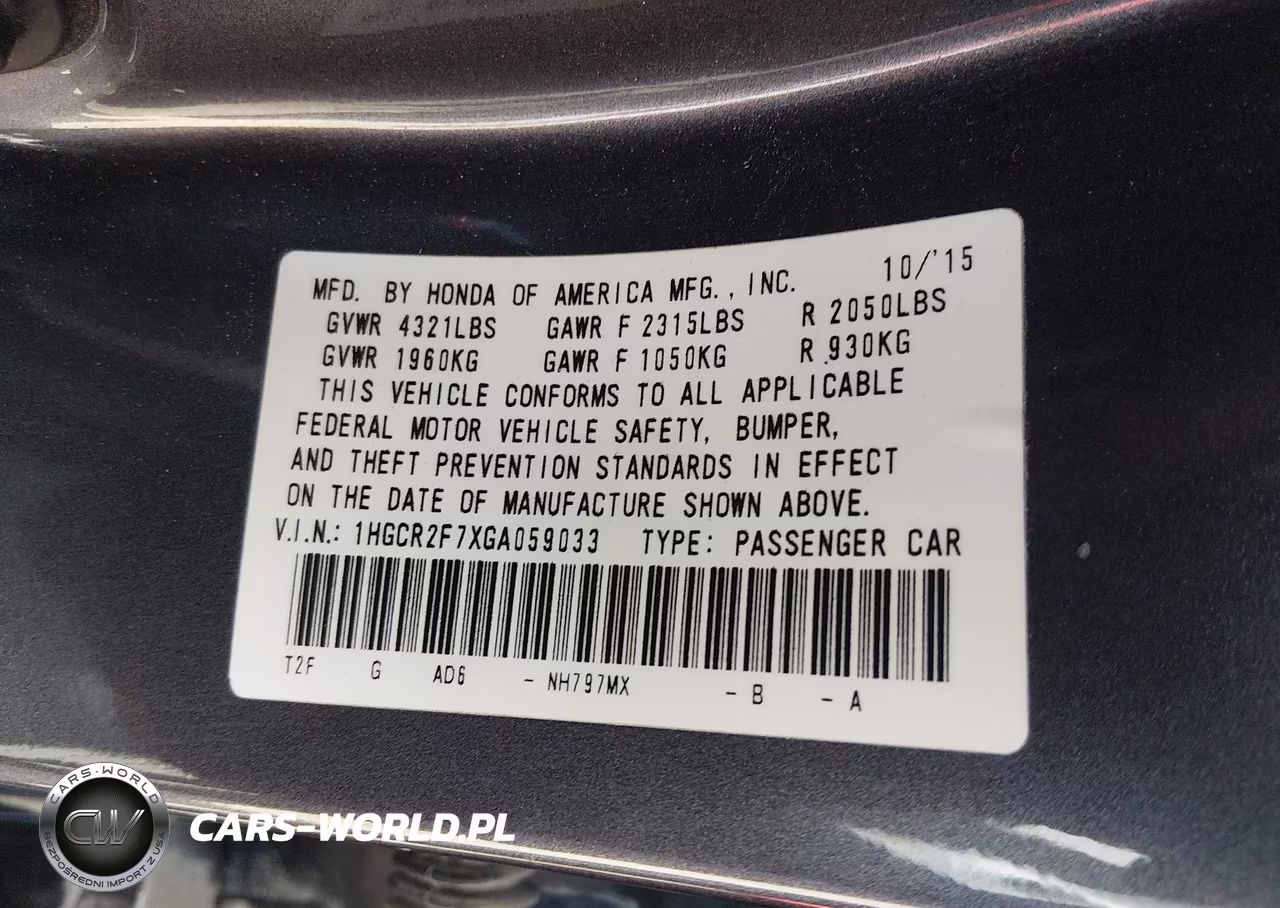 2016 Honda Accord Ex VIN:1HGCR2F7XGA059033 - 9