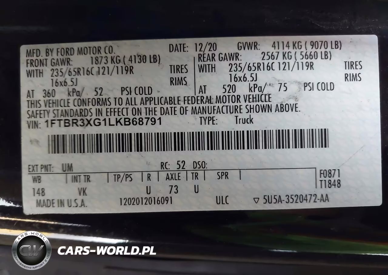 2020 Ford Transit-250 Cargo Van VIN:1FTBR3XG1LKB68791 - 9