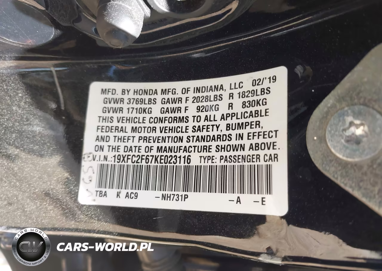 2019 Honda Civic Lx VIN:19XFC2F67KE023116 - 9
