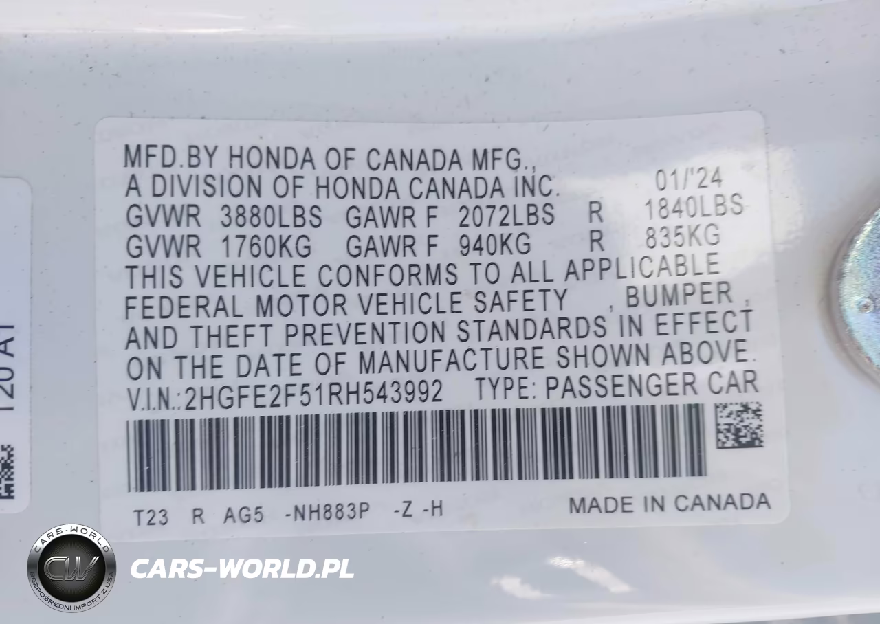 2024 Honda Civic Sport VIN:2HGFE2F51RH543992 - 9