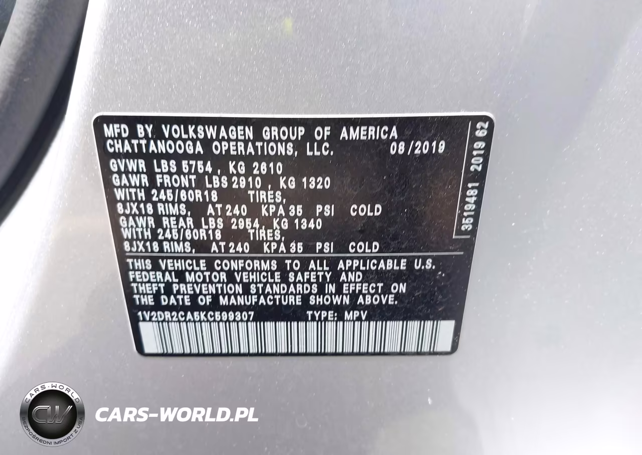 2019 Volkswagen Atlas 3.6L V6 Se VIN:1V2DR2CA5KC599307 - 9