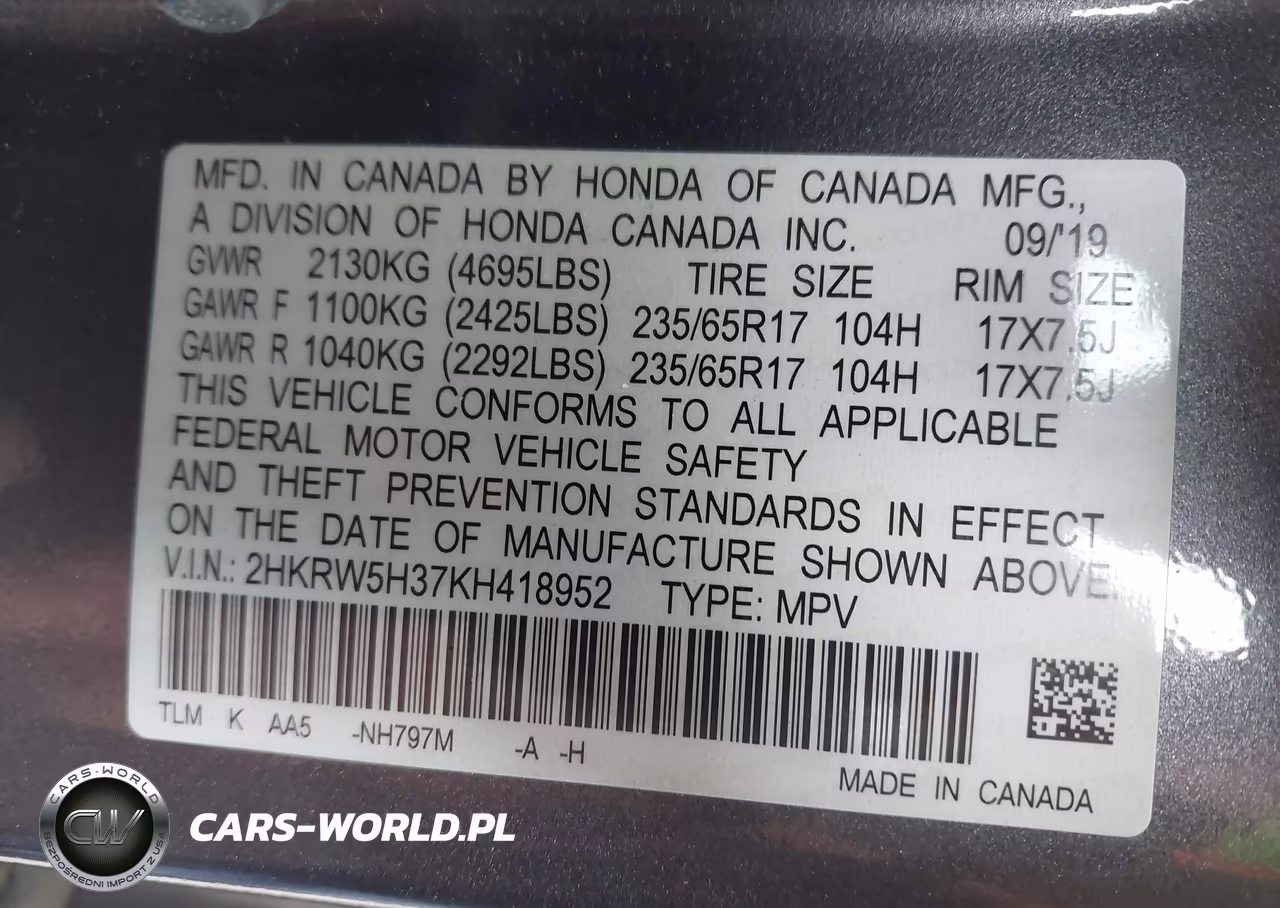 2019 Honda Cr-V Lx VIN:2HKRW5H37KH418952 - 9