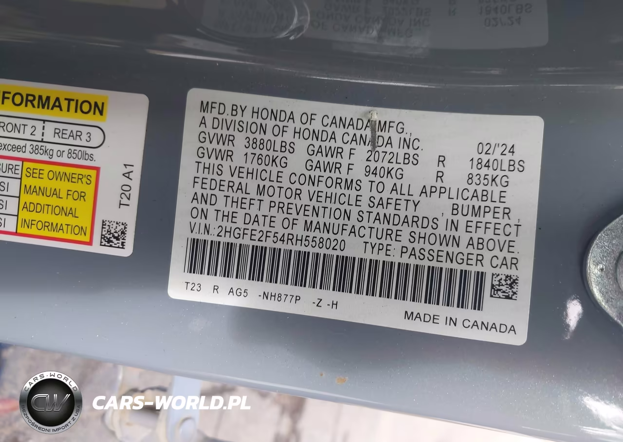 2024 Honda Civic Sport VIN:2HGFE2F54RH558020 - 9