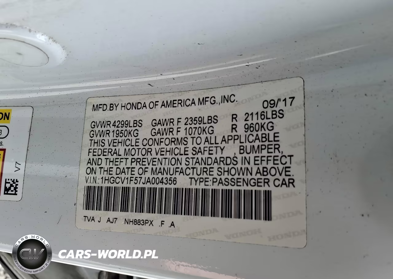 2018 Honda Accord Ex-L VIN:1HGCV1F57JA004356 - 9