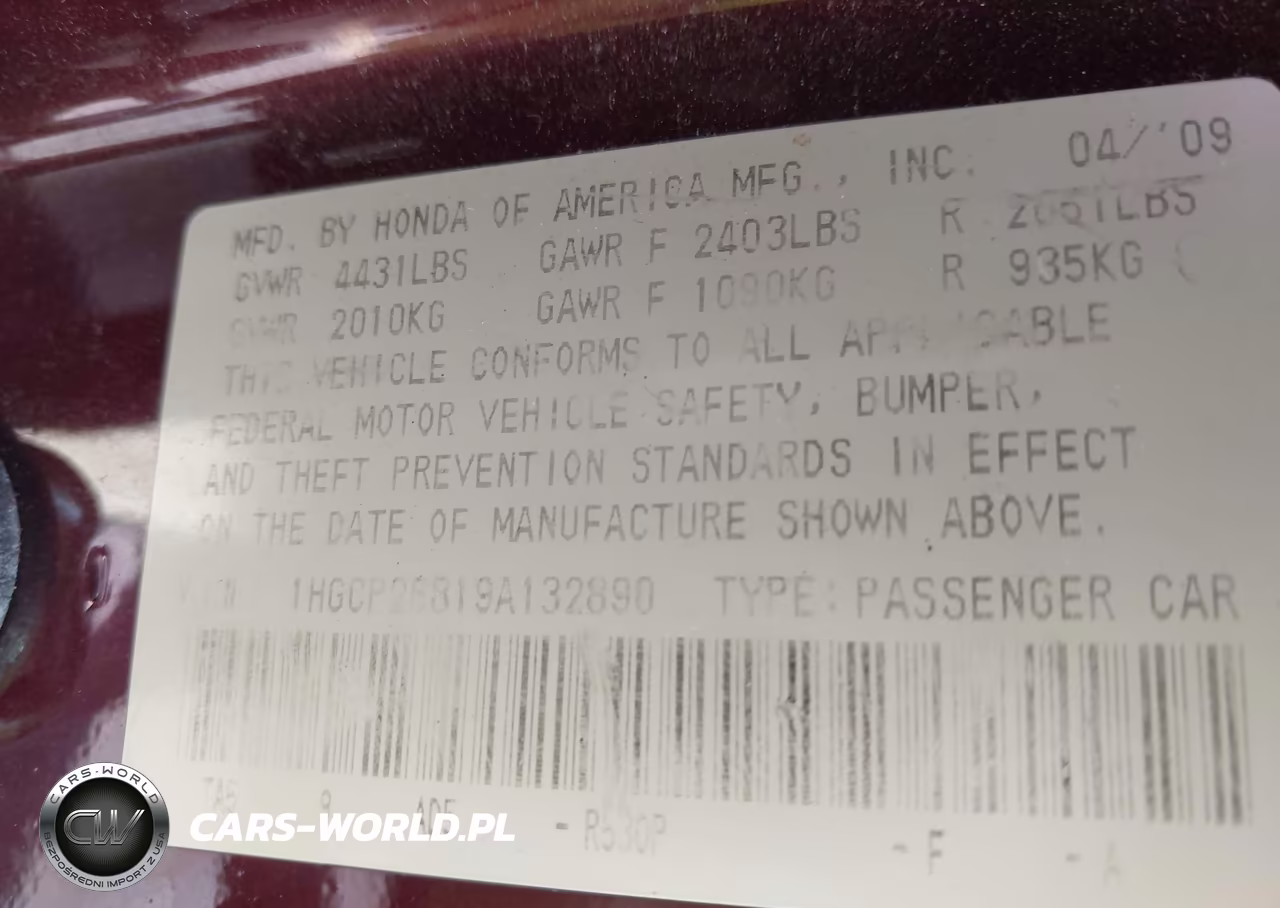 2009 Honda Accord 2.4 Ex-L VIN:1HGCP26819A132890 - 9