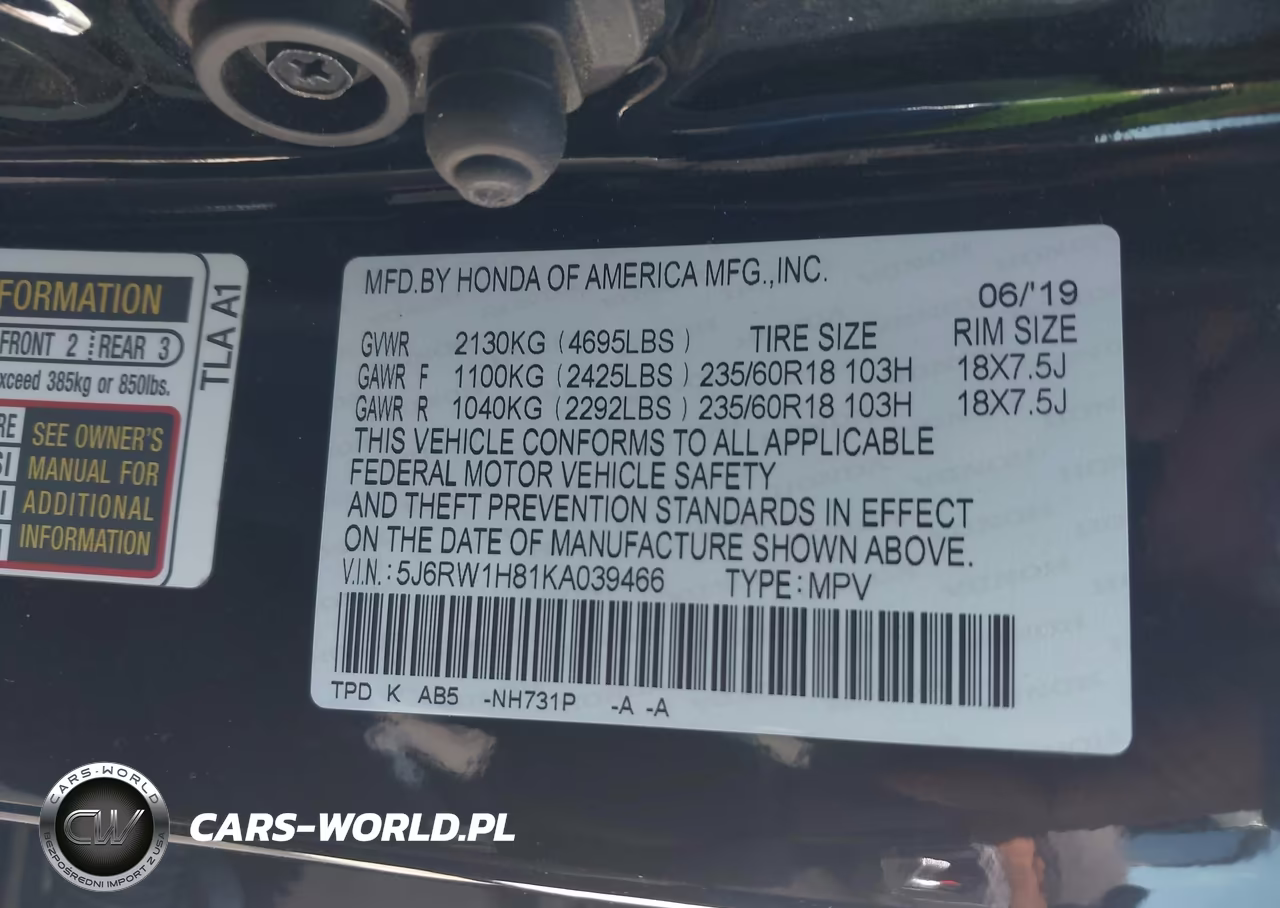 2019 Honda Cr-V Ex-L VIN:5J6RW1H81KA039466 - 9