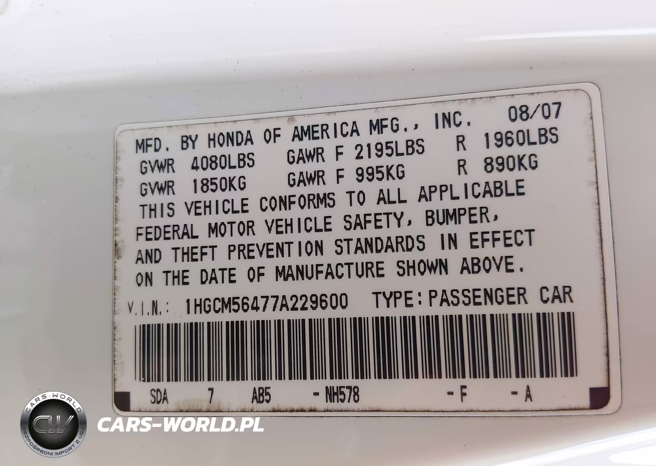 2007 Honda Accord 2.4 Lx VIN:1HGCM56477A229600 - 9