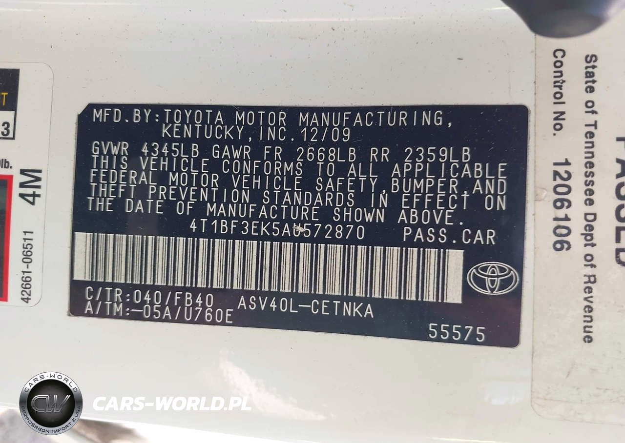 TOYOTA CAMRY VIN:4T1BF3EK5AU572870 - 9