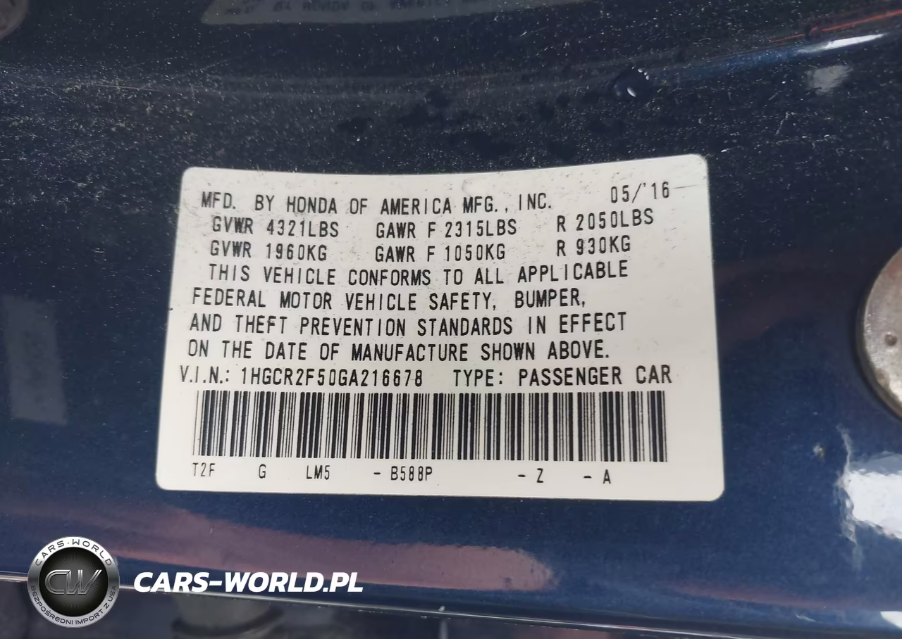 2016 Honda Accord Sport VIN:1HGCR2F50GA216678 - 9