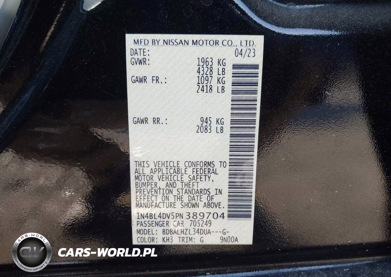2023 Nissan Altima Sv Fwd VIN:1N4BL4DV5PN389704 - 9