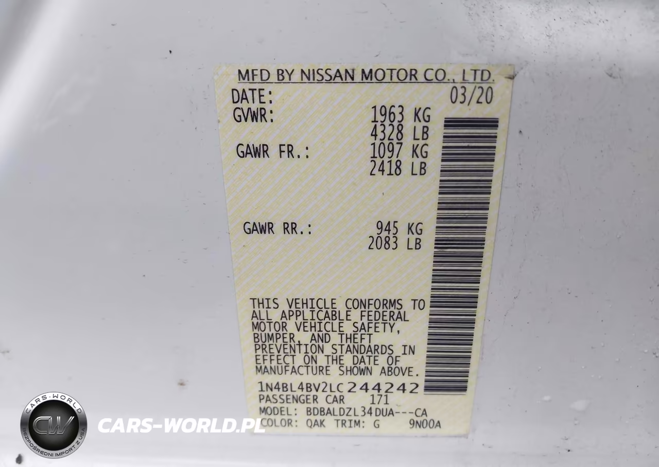 2020 Nissan Altima S Fwd VIN:1N4BL4BV2LC244242 - 9