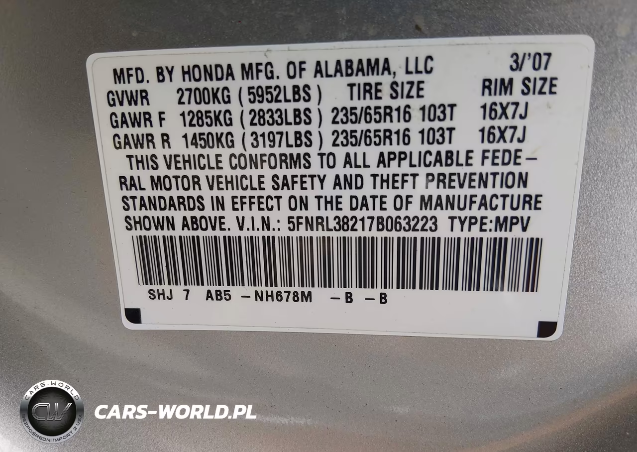 2007 Honda Odyssey Lx VIN:5FNRL38217B063223 - 9