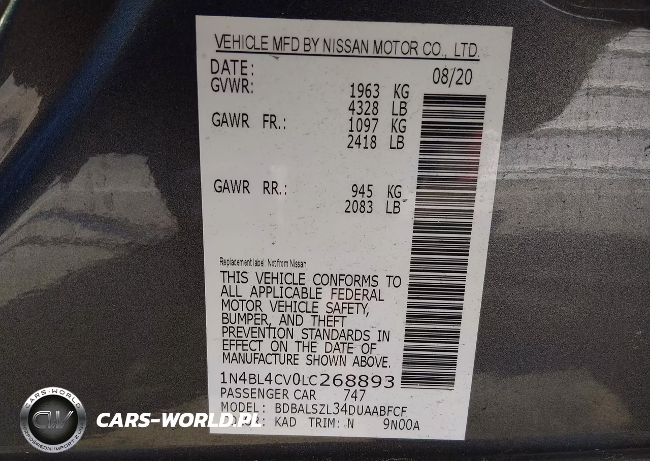 2020 Nissan Altima Sr Fwd VIN:1N4BL4CV0LC268893 - 9