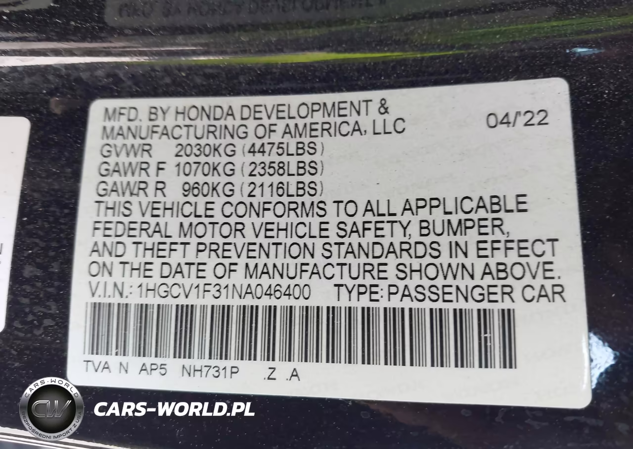 2022 Honda Accord Sport VIN:1HGCV1F31NA046400 - 9