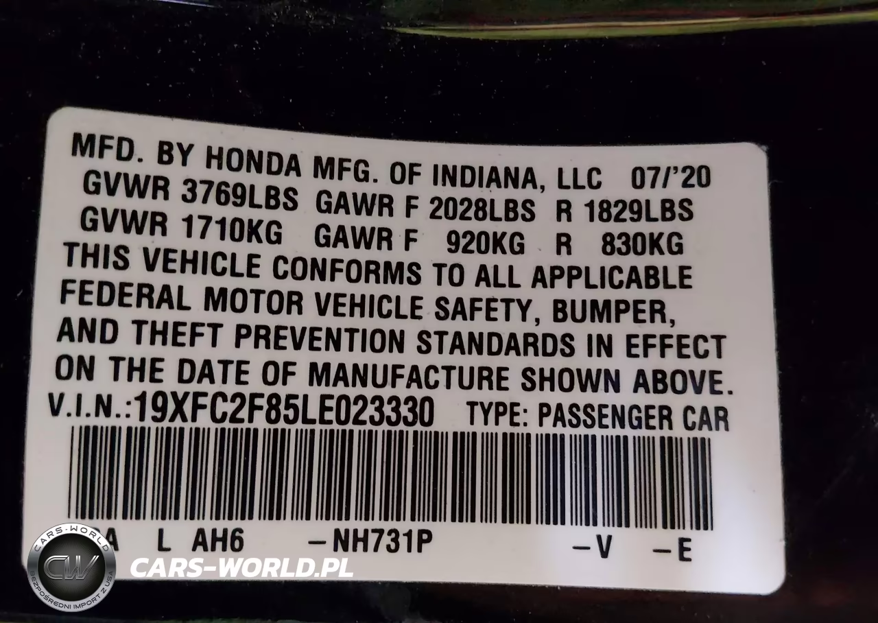 2020 Honda Civic Sport VIN:19XFC2F85LE023330 - 9