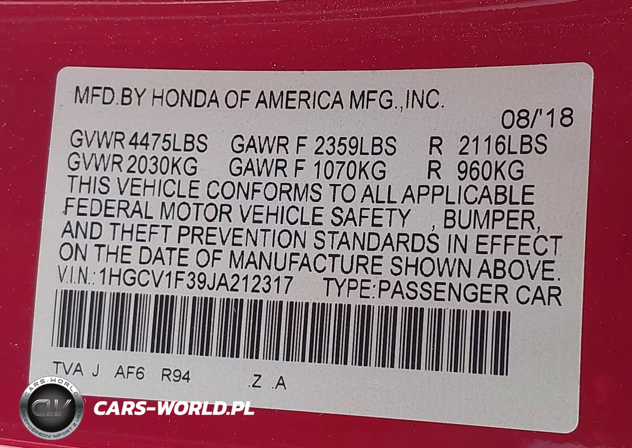2018 Honda Accord Sport VIN:1HGCV1F39JA212317 - 9