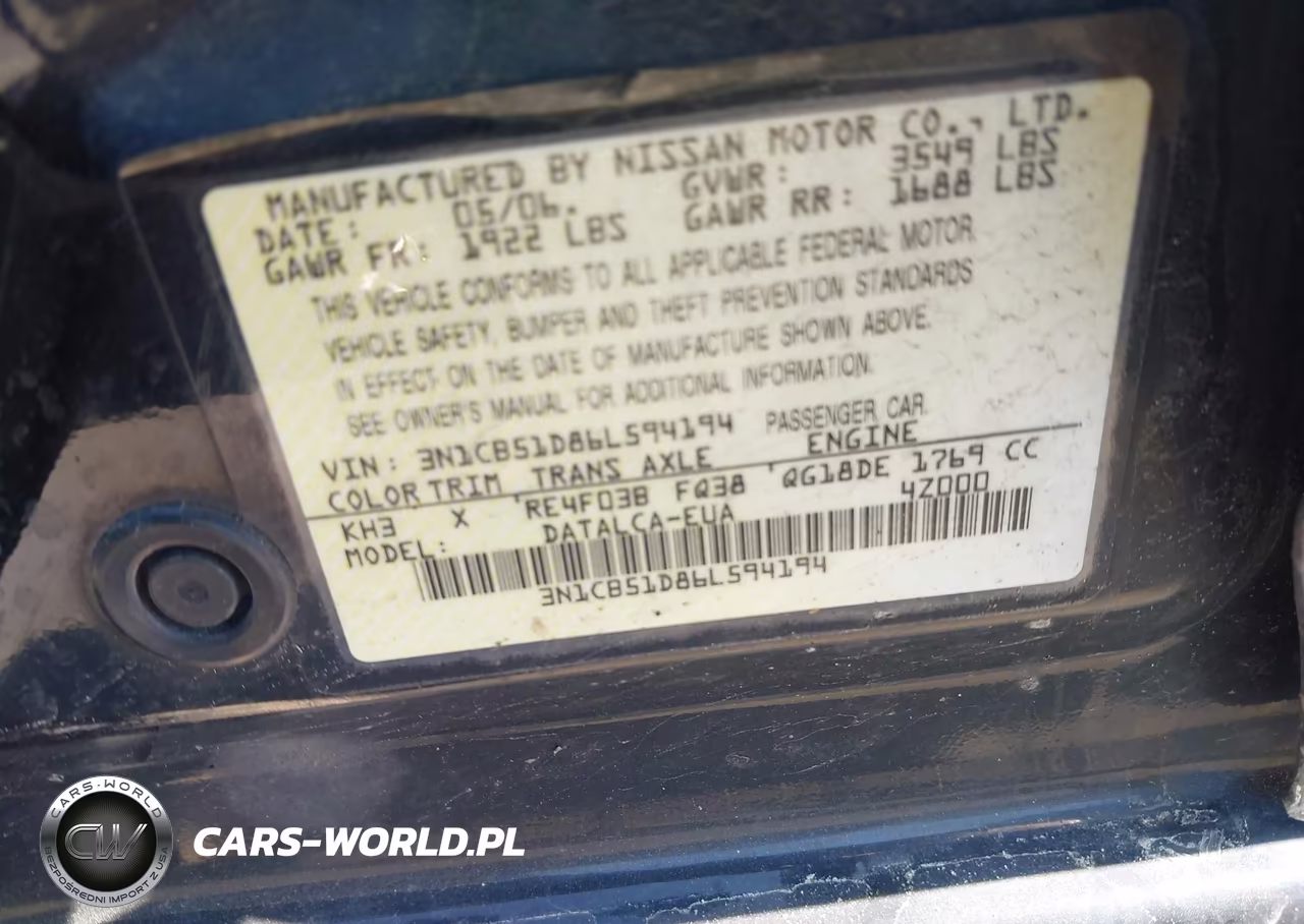 2006 Nissan Sentra 1.8 VIN:3N1CB51D86L594194 - 9